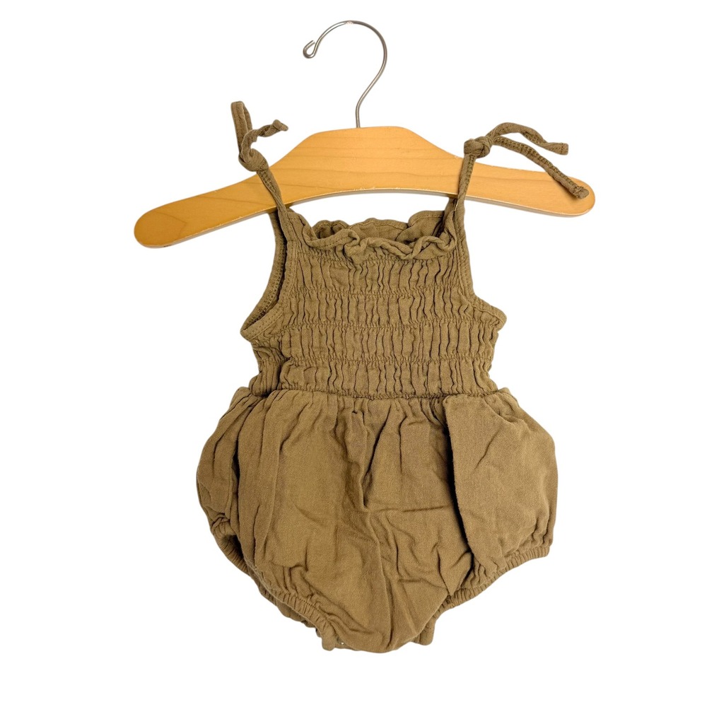 Kate Quinn Organic Cotton Smocked Bubble Romper Olive Green 3-6M